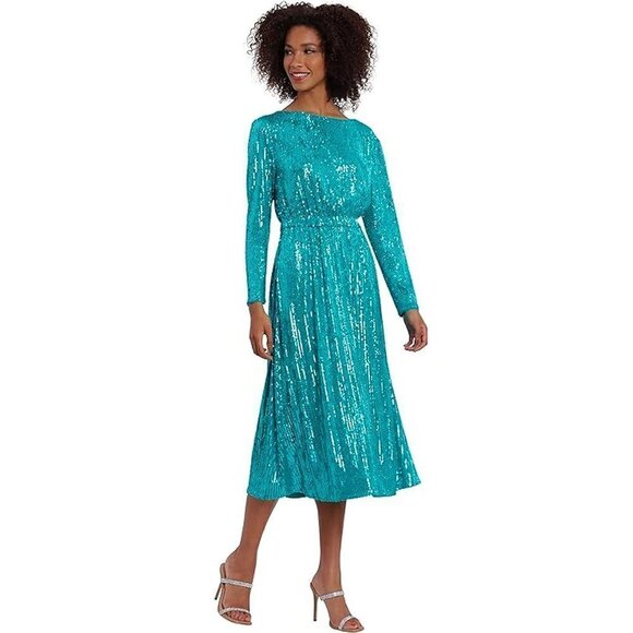 Maggy London Size 4 Boat Neck Blue Sequin Long Sleeve Midi Dress A-Line Pockets - Picture 1 of 13